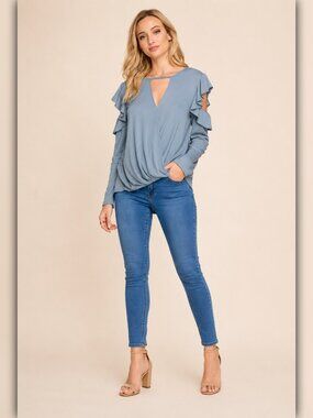 * A124 • Dusty Blue Ruffle Cold Shoulder Surplice Long Sleeve Top